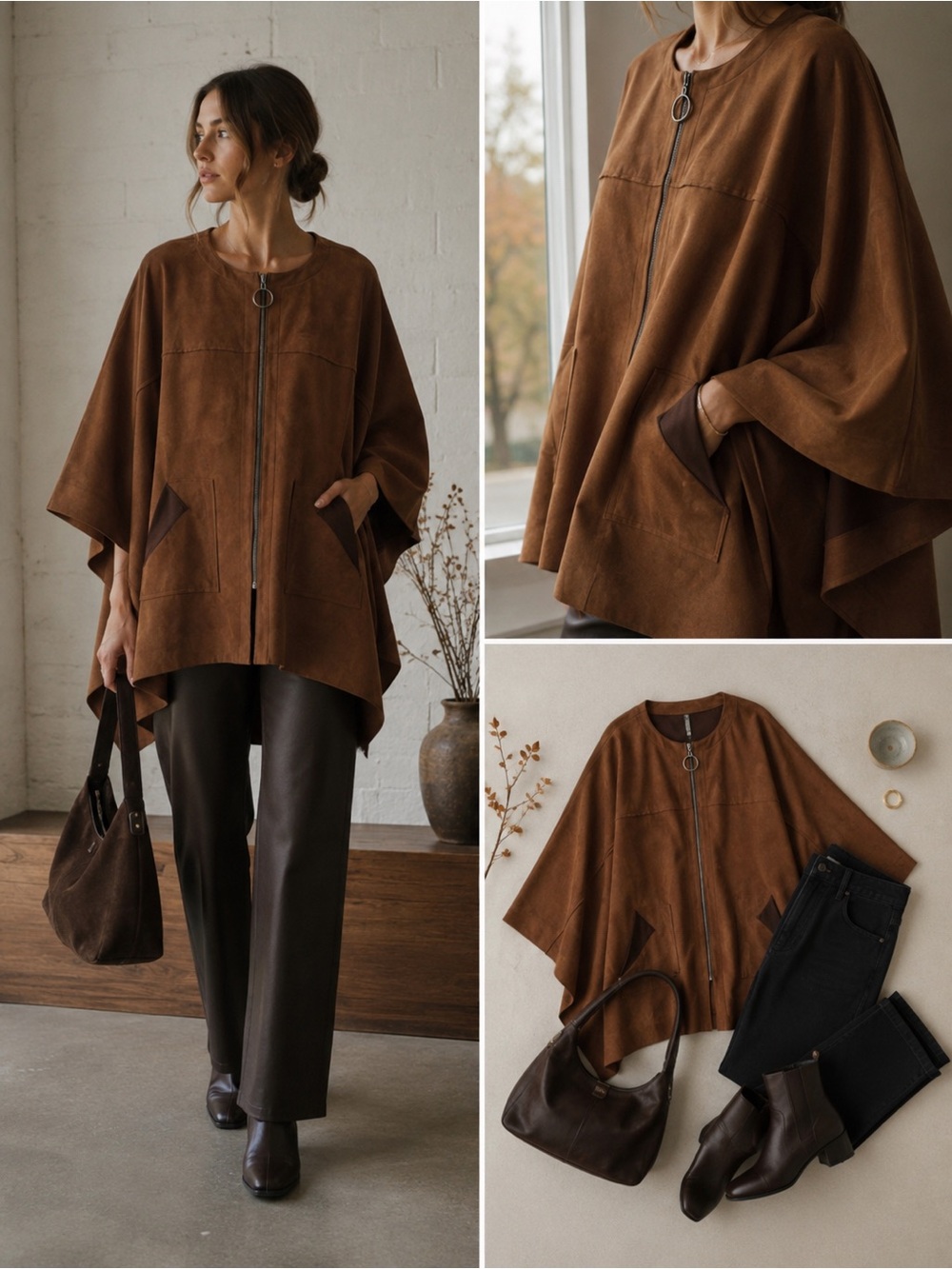 IC Collection Faux Suede Poncho Jacket Brown Medium Full Zip Classic Minimalist